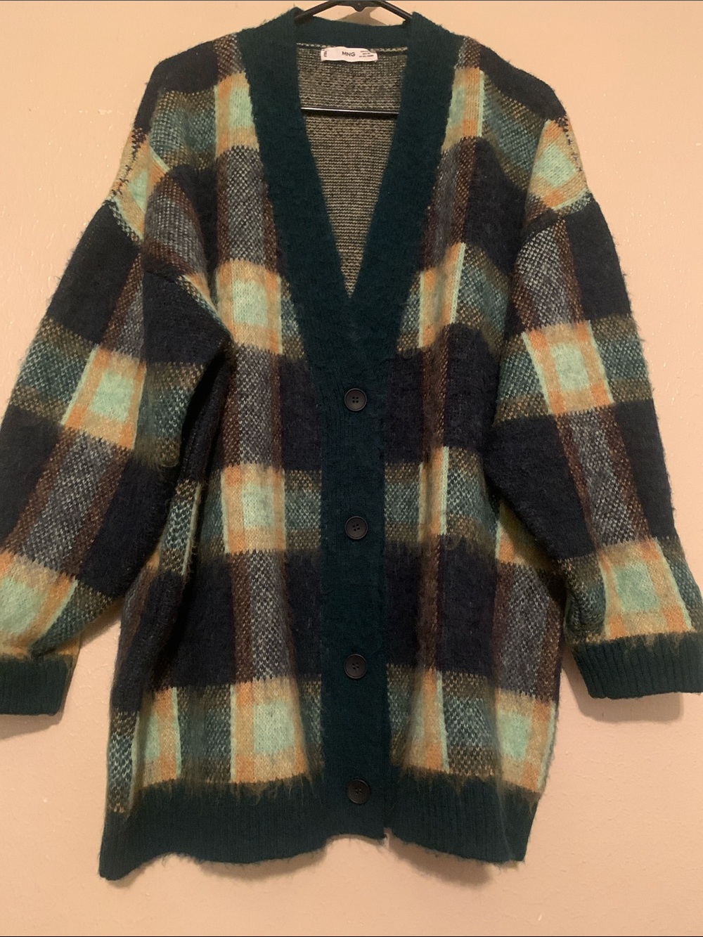 Mango Teal and Navy Plaid Mohair-Blend Cardigan (XL)